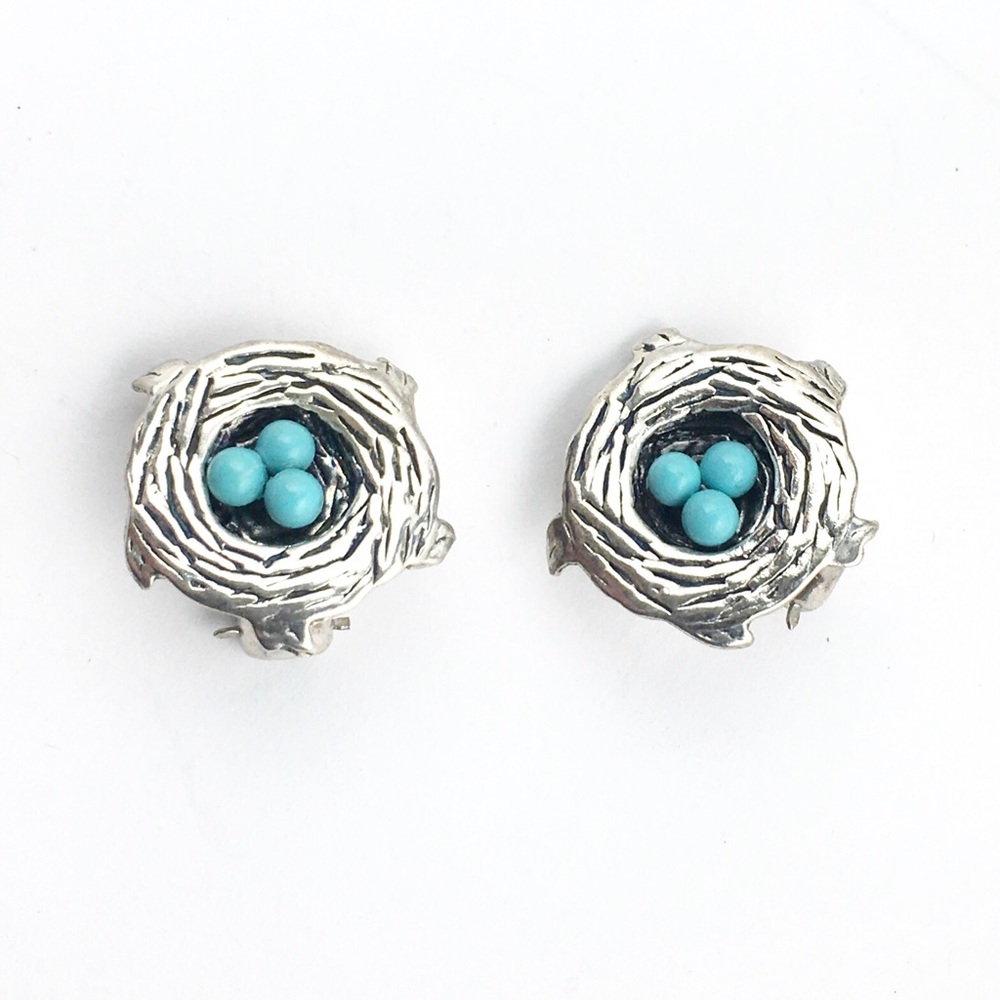 Turquoise Robin’s Nest Clip Silver Earrings